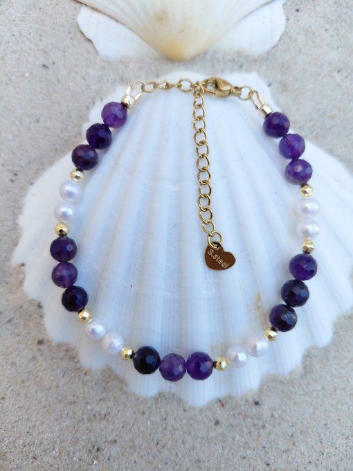 Bracelet Améthyste Facettée AA+ & Perles d'Eau Douce AA – Élégance, Sérénité et Féminité