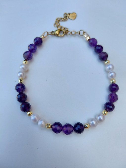 Bracelet Améthyste Facettée AA+ & Perles d'Eau Douce AA – Élégance, Sérénité et Féminité