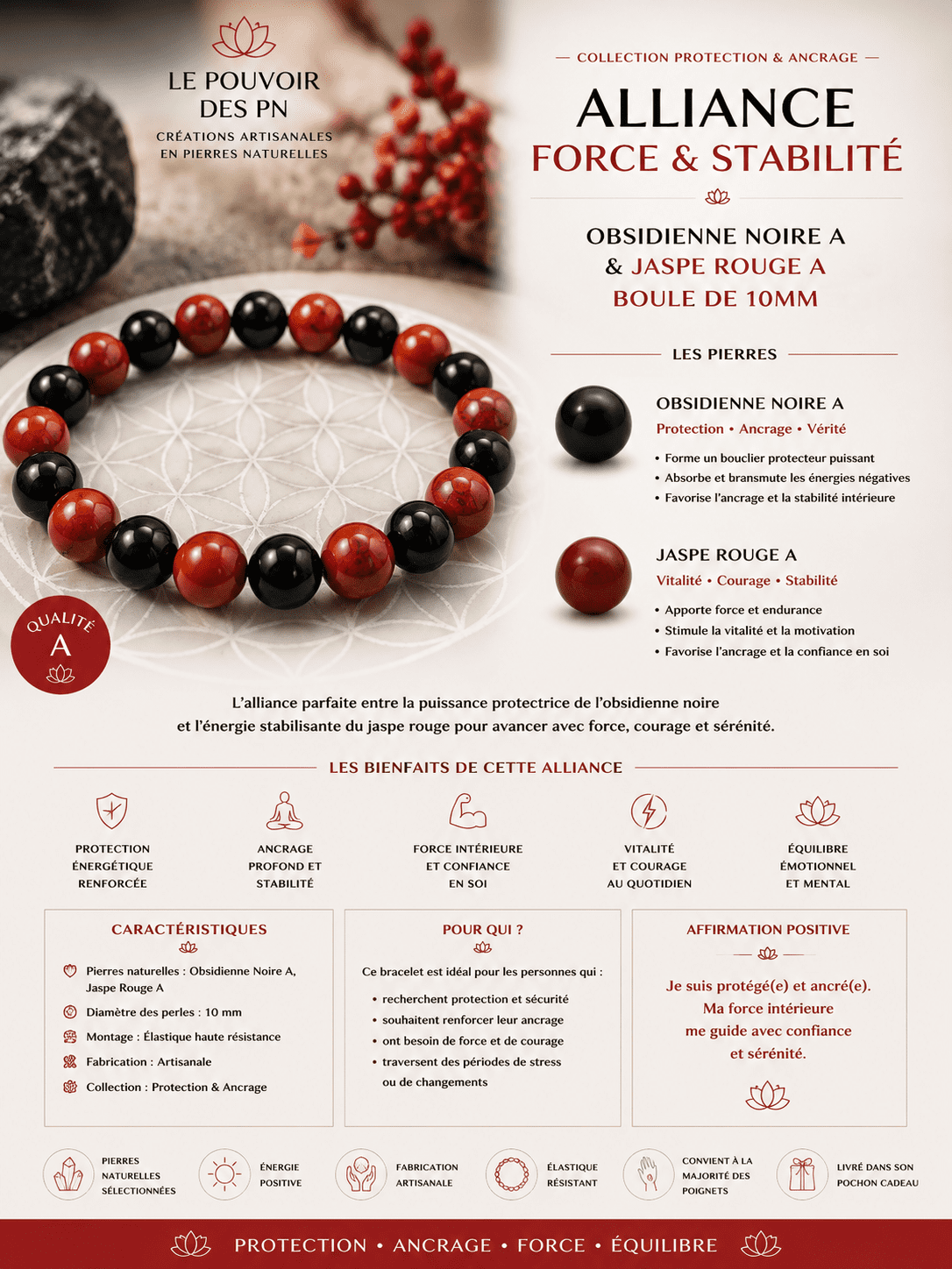 Force des Profondeurs Obsidienne Noire Jaspe Rouge 10 mm