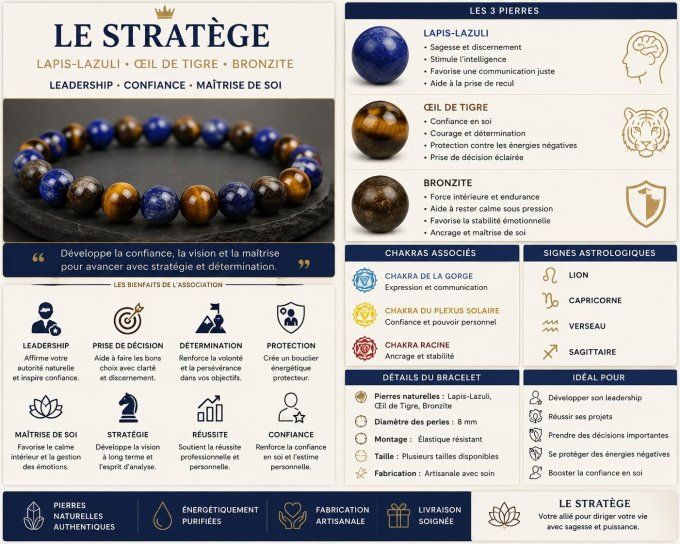 Bracelet Le Stratège – Lapis-Lazuli, Bronzite & Œil de Tigre | Sagesse, Confiance et Décision