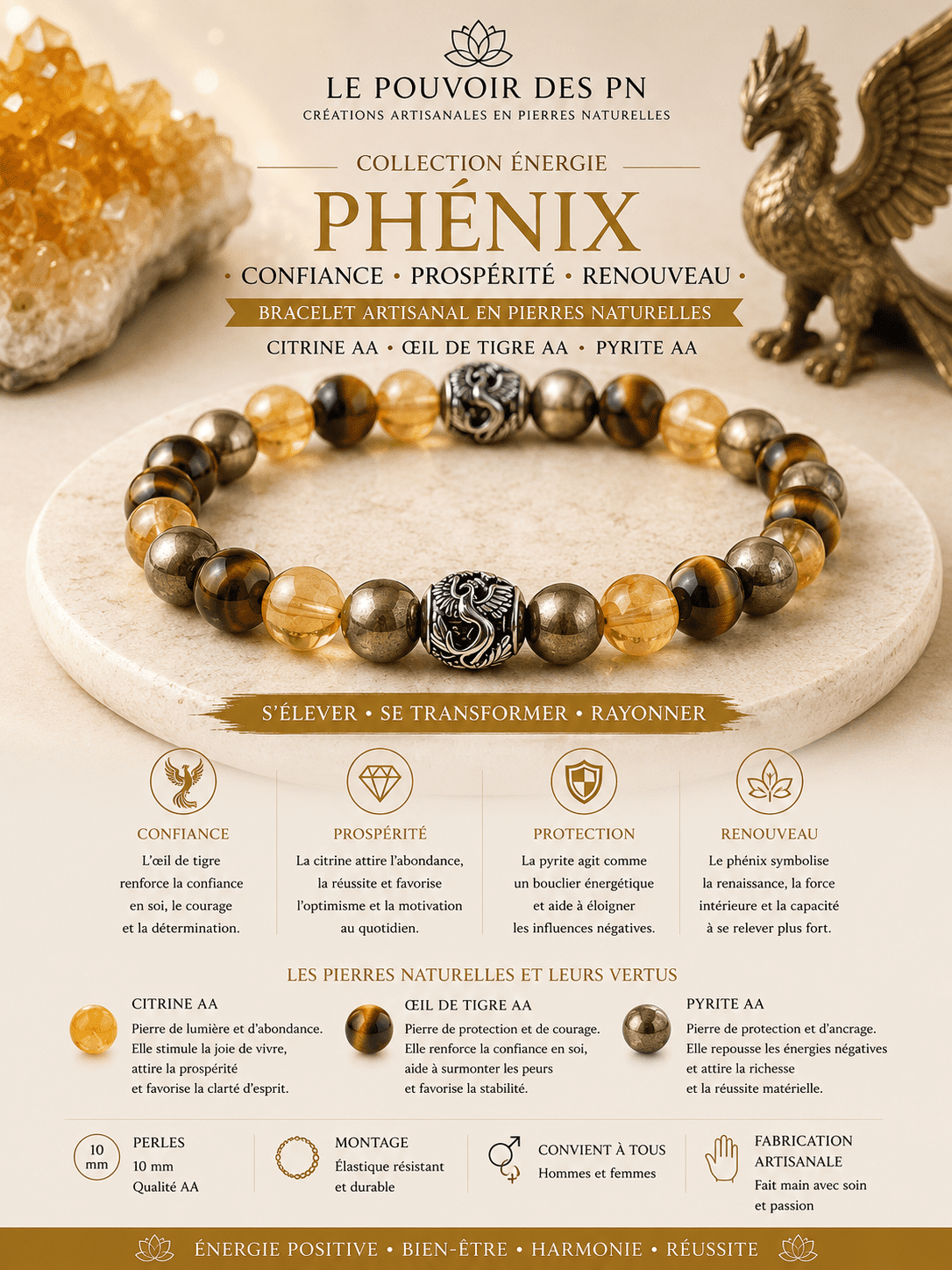 Bracelet "Phenix" Citrine AA , Oeil de tigre AA, Pyrite AA