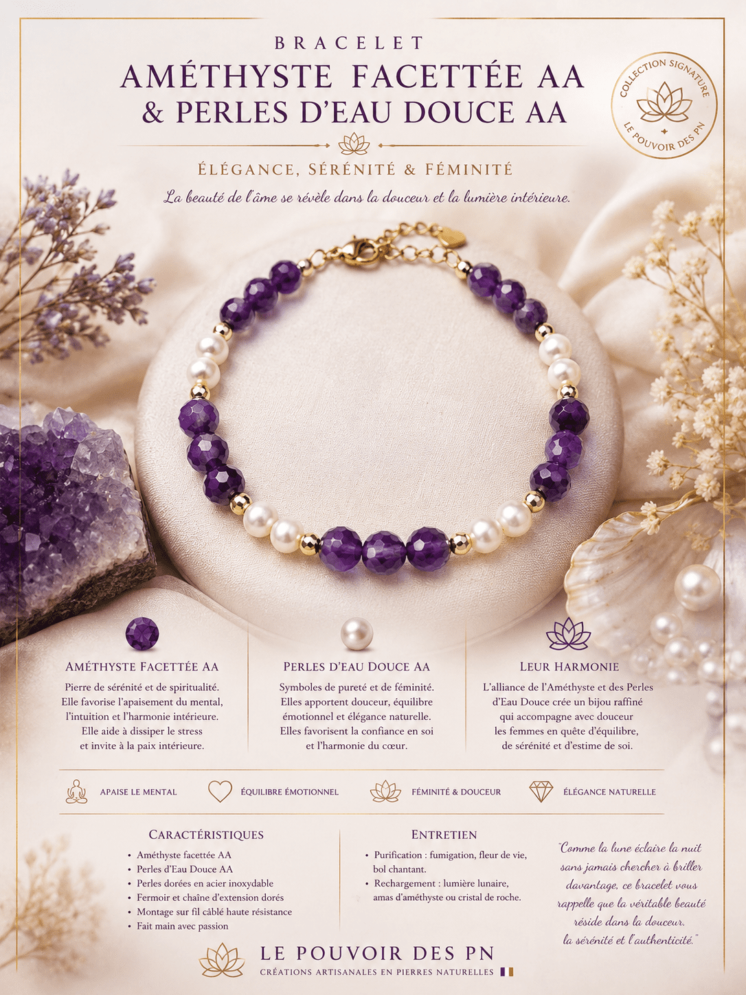 Bracelet Améthyste Facettée AA+ & Perles d'Eau Douce AA – Élégance, Sérénité et Féminité