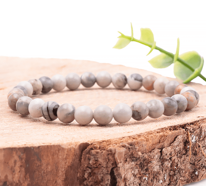 BRACELET BOULE 06MM JASPE FEUILLE D’ARGENT A