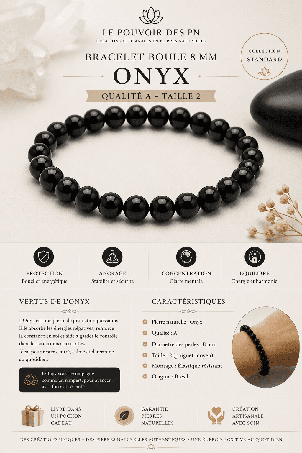 Bracelet boule 08mm onyx A (taille 2)