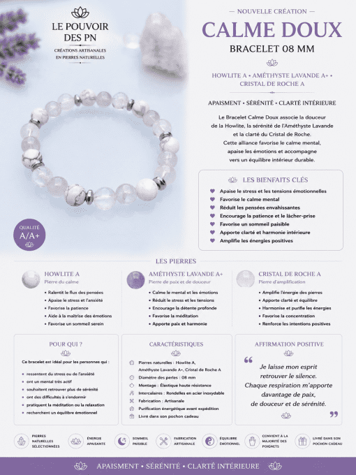 Bracelet Calme Doux Howlite, Améthyste Lavande & Cristal de Roche  Le Pouvoir des PN