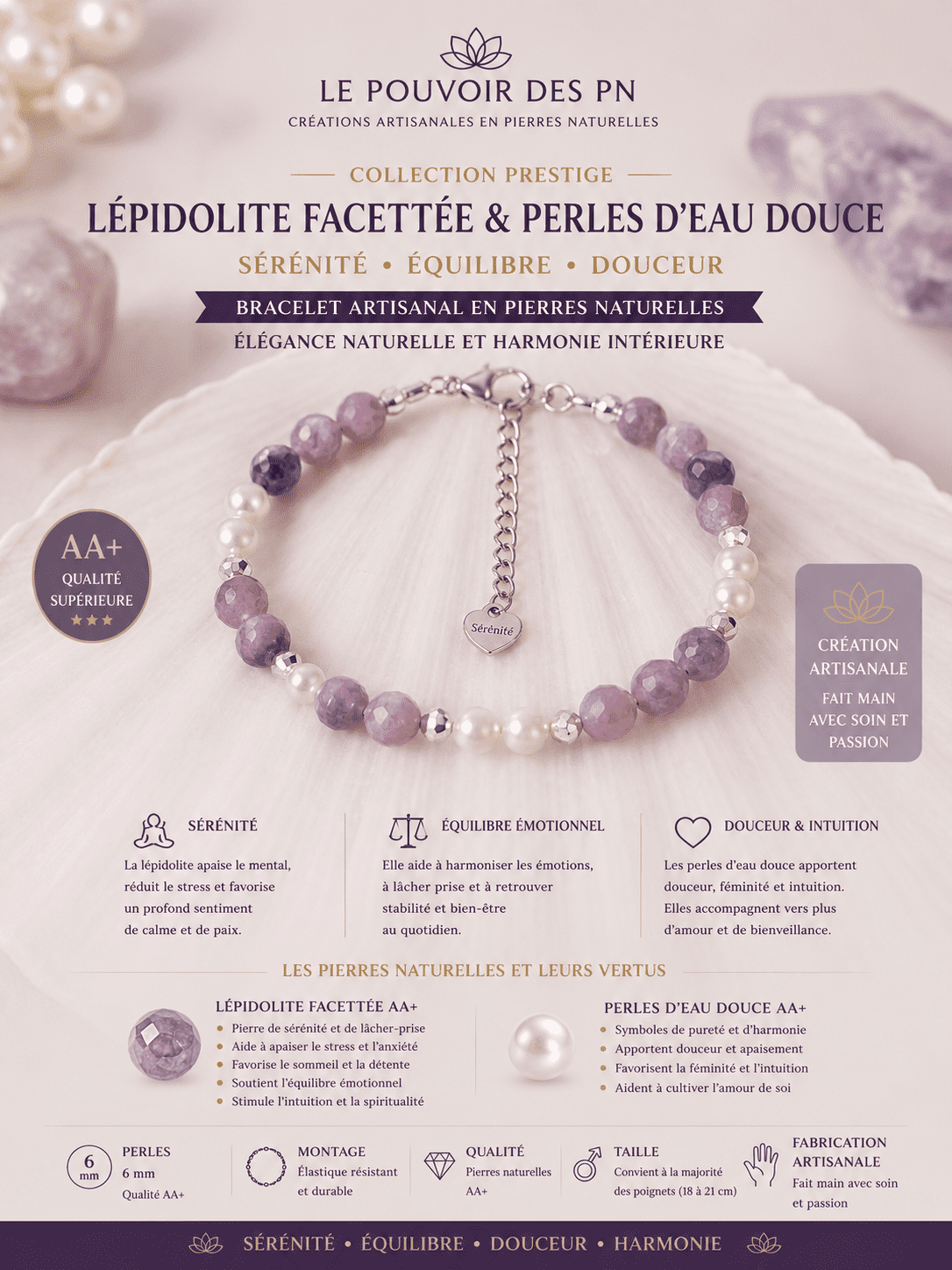 Bracelet collection Prestige en lépidolite facettée et perle d'eau