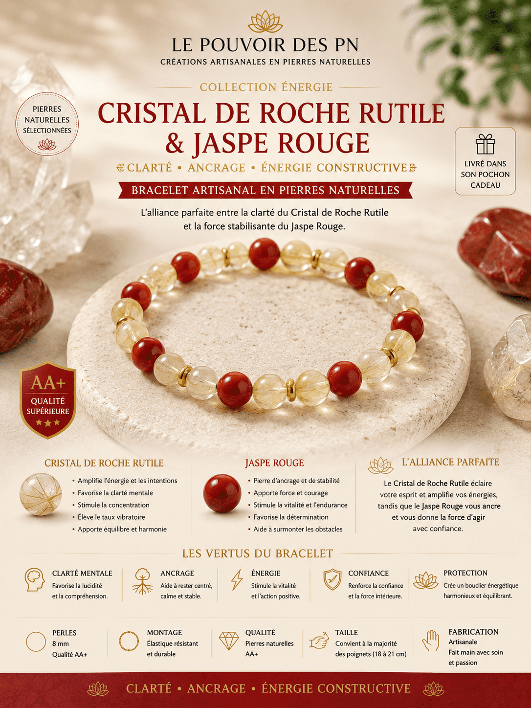 Bracelet Cristal de Roche Rutile & Jaspe Rouge  Clarté • Ancrage • Énergie constructive