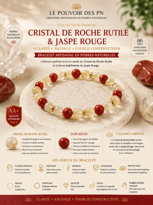 Bracelet Cristal de Roche Rutile & Jaspe Rouge Clarté • Ancrage • Énergie constructive