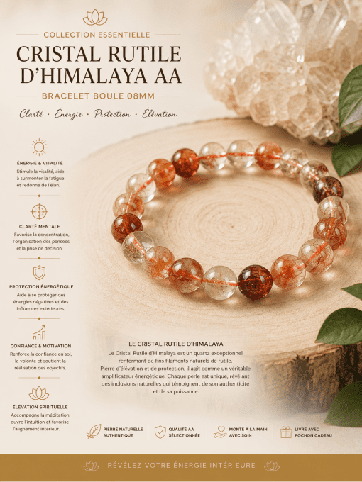 Bracelet Cristal Rutile d'Himalaya AA 8 mm | Pierre naturelle | Collection Essentielle | 