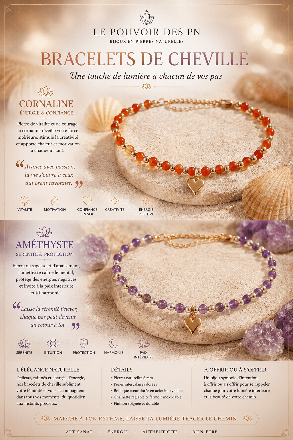 Bracelet de  cheville en  pierre naturelle en Cornaline ou améthyste