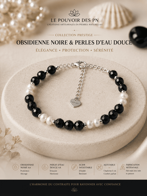 Bracelet Prestige « Élégance Obsidienne » Obsidienne Facettée AA 6 mm & Perles d'Eau Douce AA
