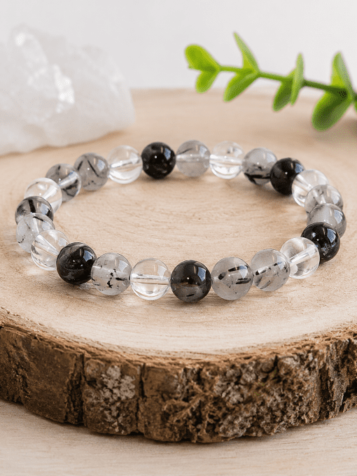Bracelet boule 08mm cristal de roche tourmaline A