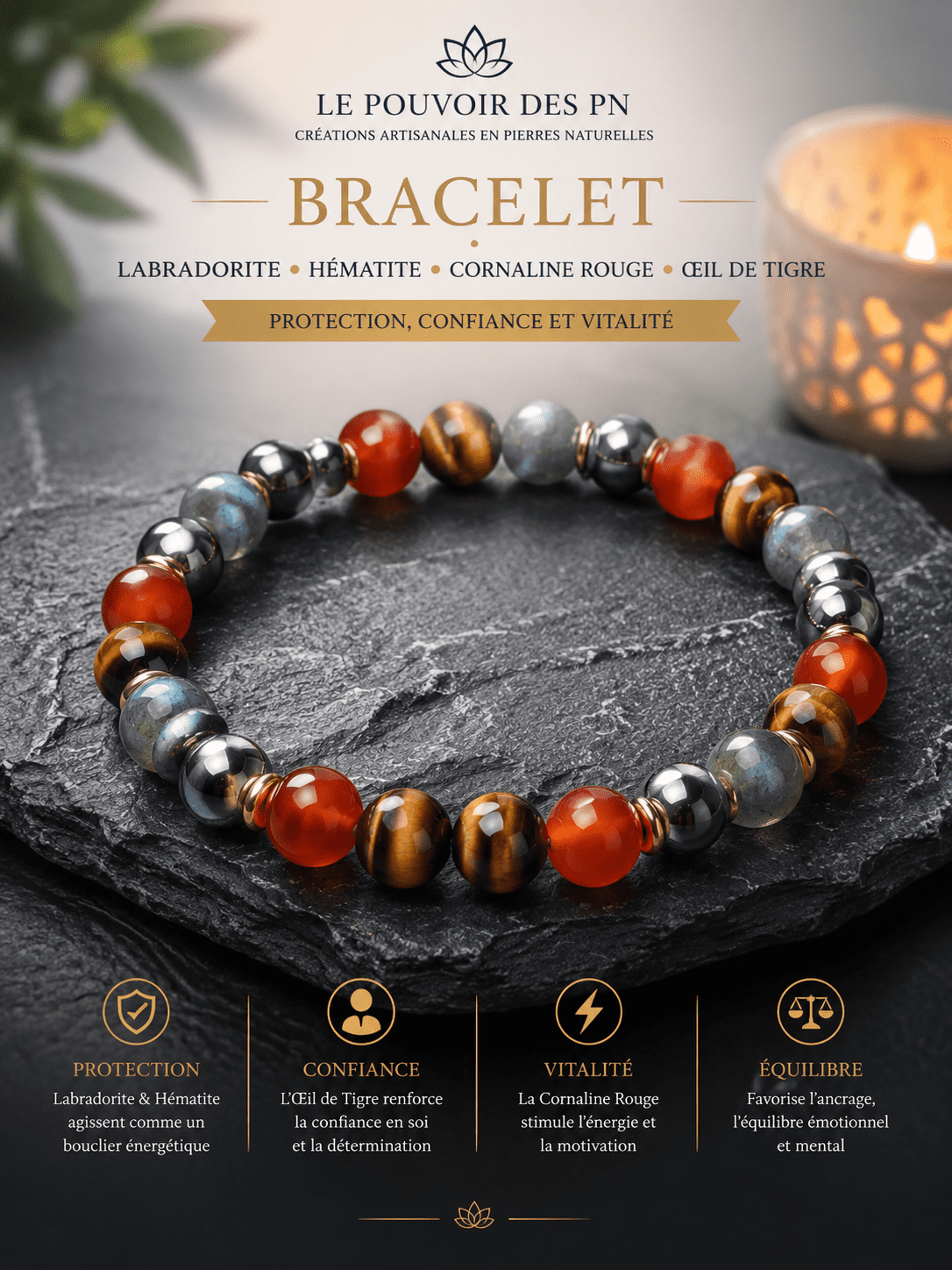Bracelet Labradorite, Hématite, Cornaline Rouge & Œil de Tigre – Protection, Confiance et Vitalité