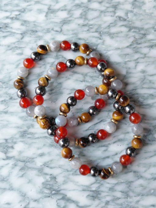 Bracelet Labradorite, Hématite, Cornaline Rouge & Œil de Tigre – Protection, Confiance et Vitalité