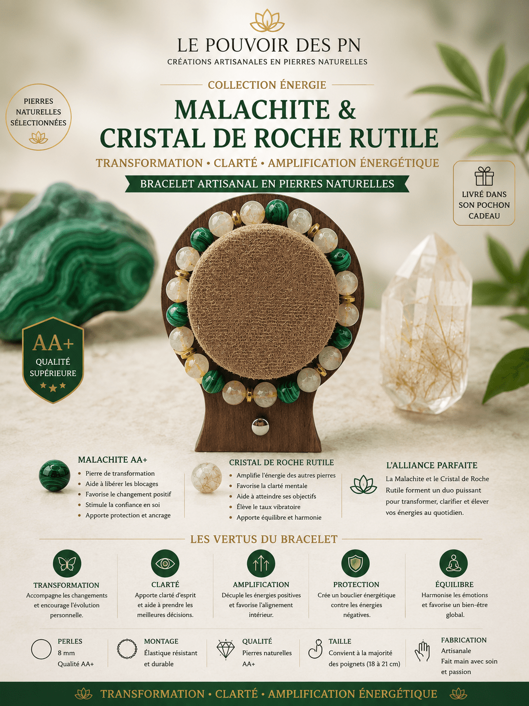 Bracelet Malachite & Cristal de Roche Rutile