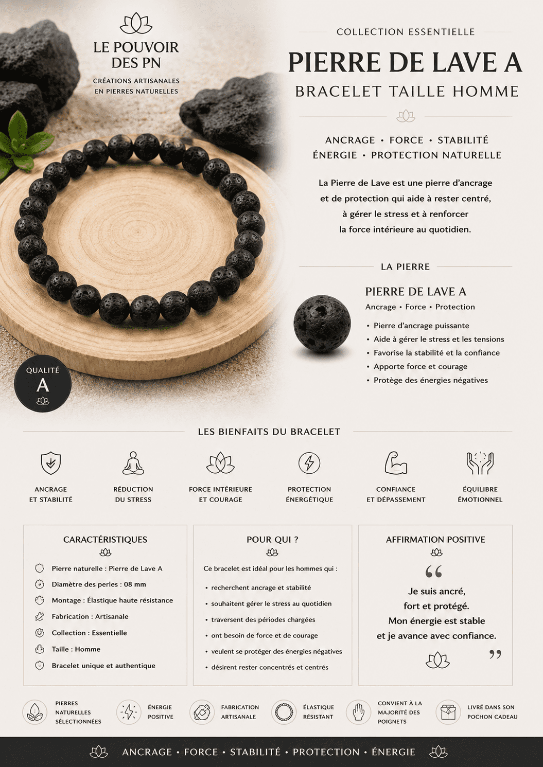 Bracelet taille homme Pierre de lave A