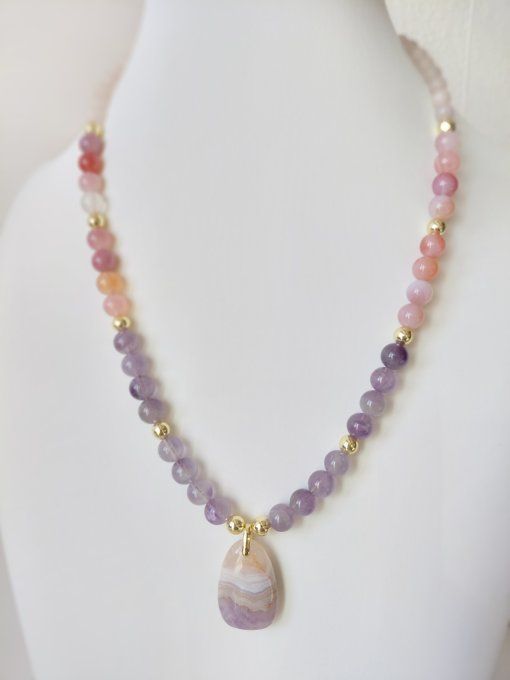Collier "Douceur Infinie" Améthyste Lavande • Agate Botswana Rose • Quartz Rose