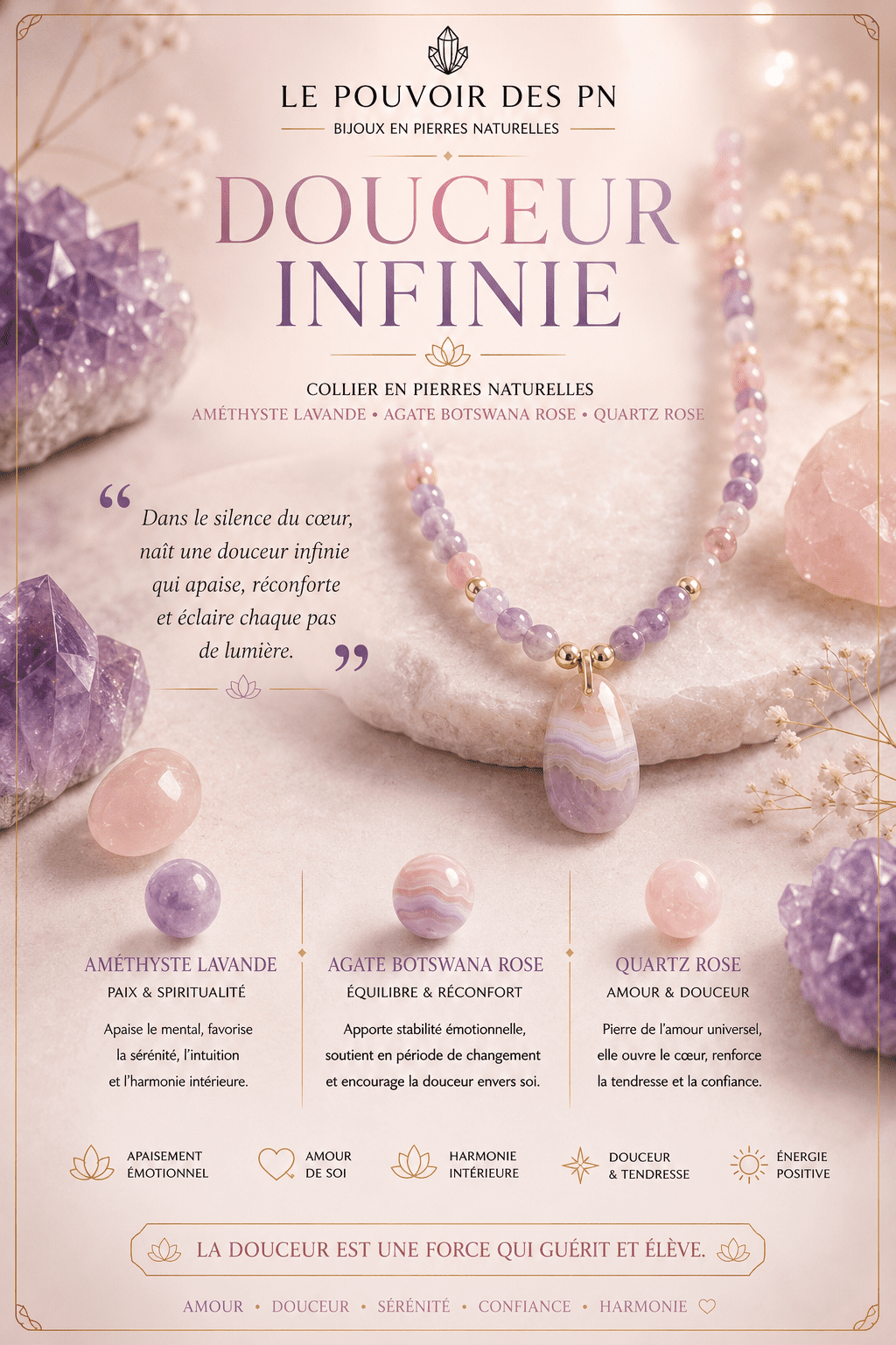 Collier "Douceur Infinie"   Améthyste Lavande , Agate Botswana Rose ,  Quartz Rose