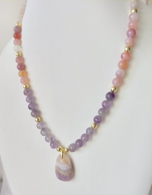 Collier "Douceur Infinie"   Améthyste Lavande •  Agate Botswana Rose •  Quartz Rose