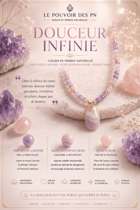 Collier "Douceur Infinie"   Améthyste Lavande , Agate Botswana Rose ,  Quartz Rose
