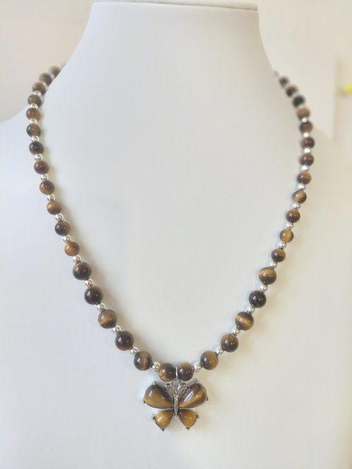 Collier Œil de Tigre AA avec Pendentif Papillon – Protection et Confiance