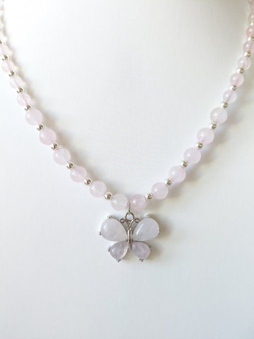 Collier "Papillon du Cœur"  en Quartz Rose