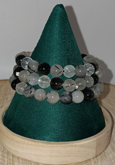 Bracelet boule 08mm cristal de roche tourmaline A