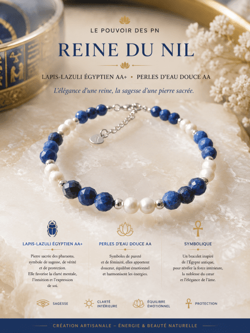 Bracelet "Reine du Nil" Lapis-Lazuli Égyptien AA+ • Perles d'Eau Douce AA