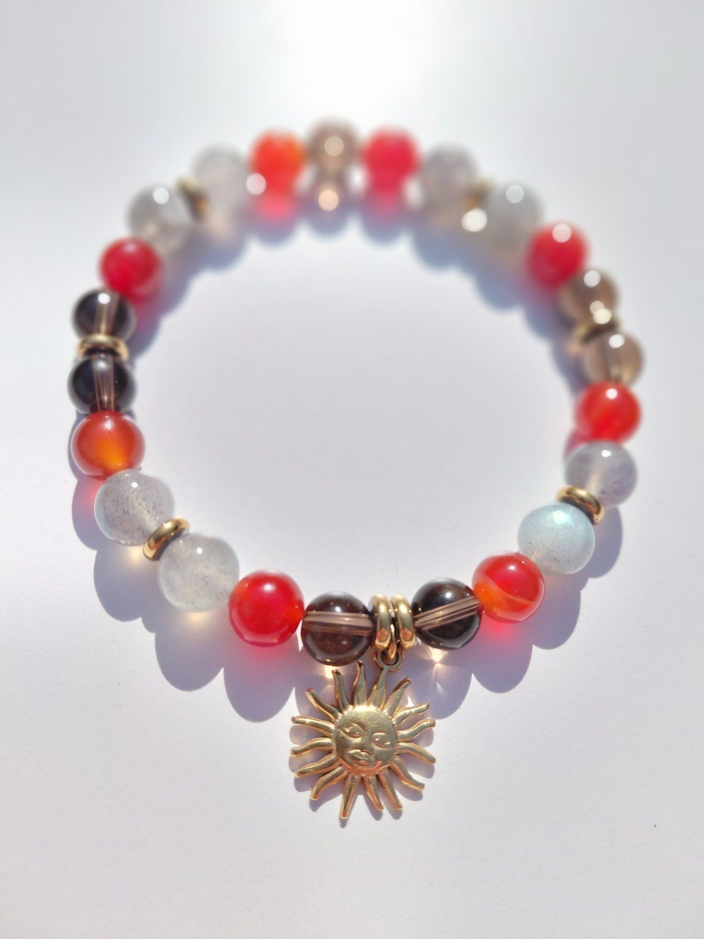 Bracelet Force & Protection Labradorite  Cornaline rouge  Quartz fumé