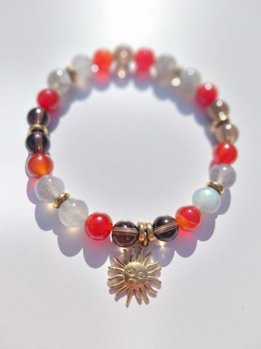 Bracelet Force & Protection Labradorite  Cornaline rouge  Quartz fumé