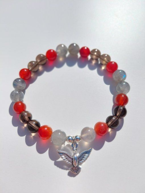 Bracelet Force & Protection Labradorite  Cornaline rouge  Quartz fumé