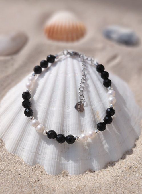 Bracelet Prestige « Élégance Obsidienne » Obsidienne Facettée AA 6 mm & Perles d'Eau Douce AA