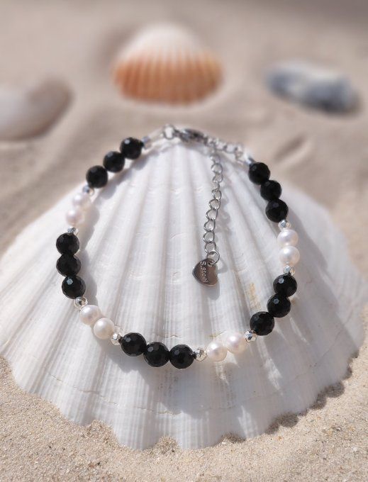 Bracelet Prestige « Élégance Obsidienne » Obsidienne Facettée AA 6 mm & Perles d'Eau Douce AA