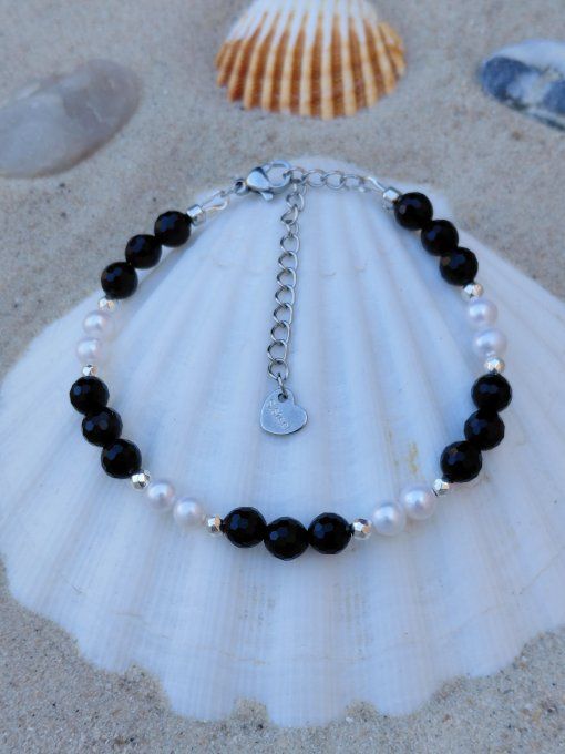 Bracelet Prestige « Élégance Obsidienne » Obsidienne Facettée AA 6 mm & Perles d'Eau Douce AA