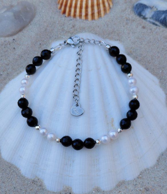 Bracelet Prestige « Élégance Obsidienne » Obsidienne Facettée AA 6 mm & Perles d'Eau Douce AA