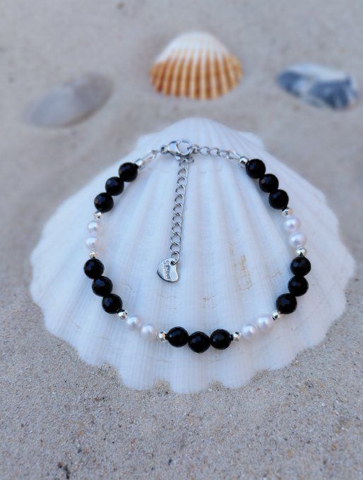 Bracelet Prestige « Élégance Obsidienne » Obsidienne Facettée AA 6 mm & Perles d'Eau Douce AA