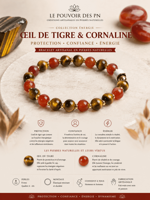 Bracelet Œil de Tigre & Cornaline : Protection Confiance Énergie
