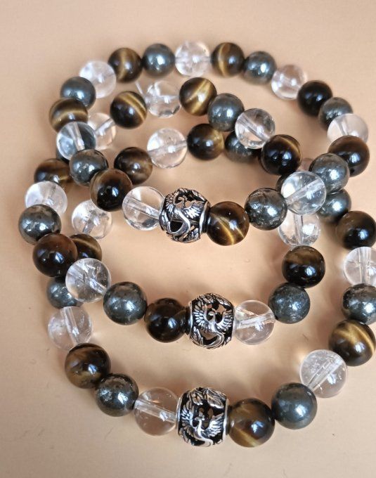 Bracelet "Phenix" Citrine AA , Oeil de tigre AA, Pyrite AA