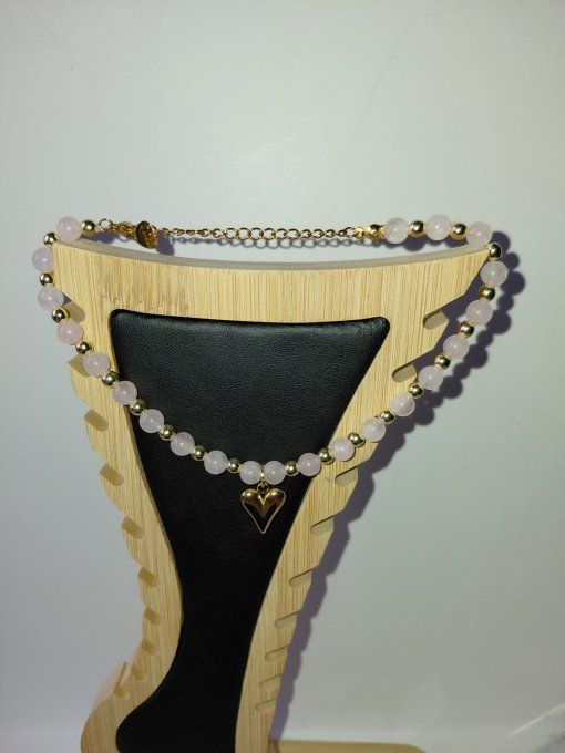 Bracelet de cheville en pierre naturelle en Quartz rose ou Rhodonite