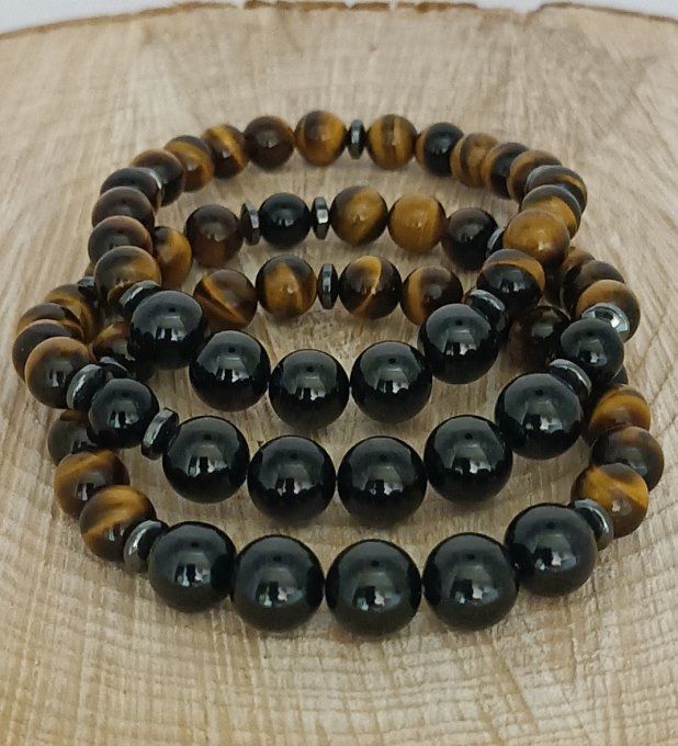 Alliance de la Spinelle noire 10MM et Œil de tigre 08MM 