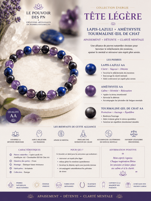 Bracelet "Tête Légère" Lapis-Lazuli • Améthyste • Tourmaline Œil de Chat