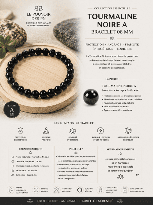 Bracelet boule 08mm tourmaline noire A (taille 2)